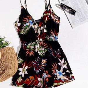 Women's Romper XL Tropical Print Sleeveless Black Romper size 12-14